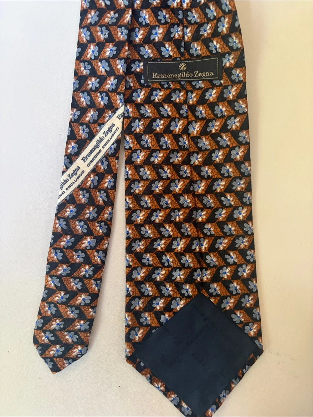 Ermenegildo Zegna Orange and Blue Geometric Floral Silk Tie